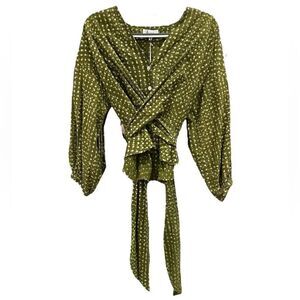 NWT RARE HEINUI Green/White Polka Dot Wrap Blouse